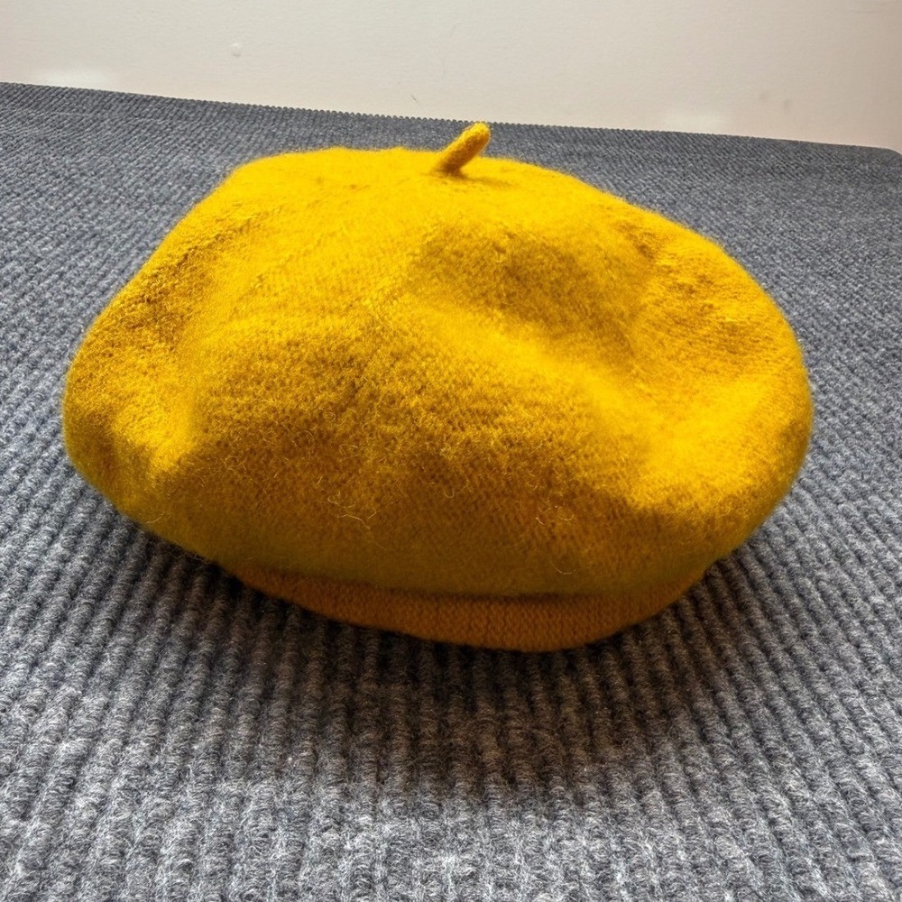 Yellow Wool Blend Knit Beret Hat Mustard Gold French Style One Size